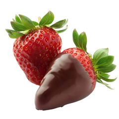 Fresh strawberries are beautifully displayed, one dipped in rich chocolate, showcasing delightful contrast of colors and textures that evoke sense of indulgence and sweetness