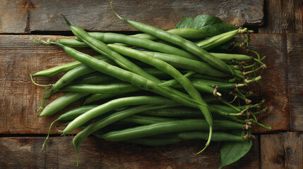 Freshly harvested green beans on a vintage and aged wooden table. Farm to kitchen produce or homegrown vegetables.