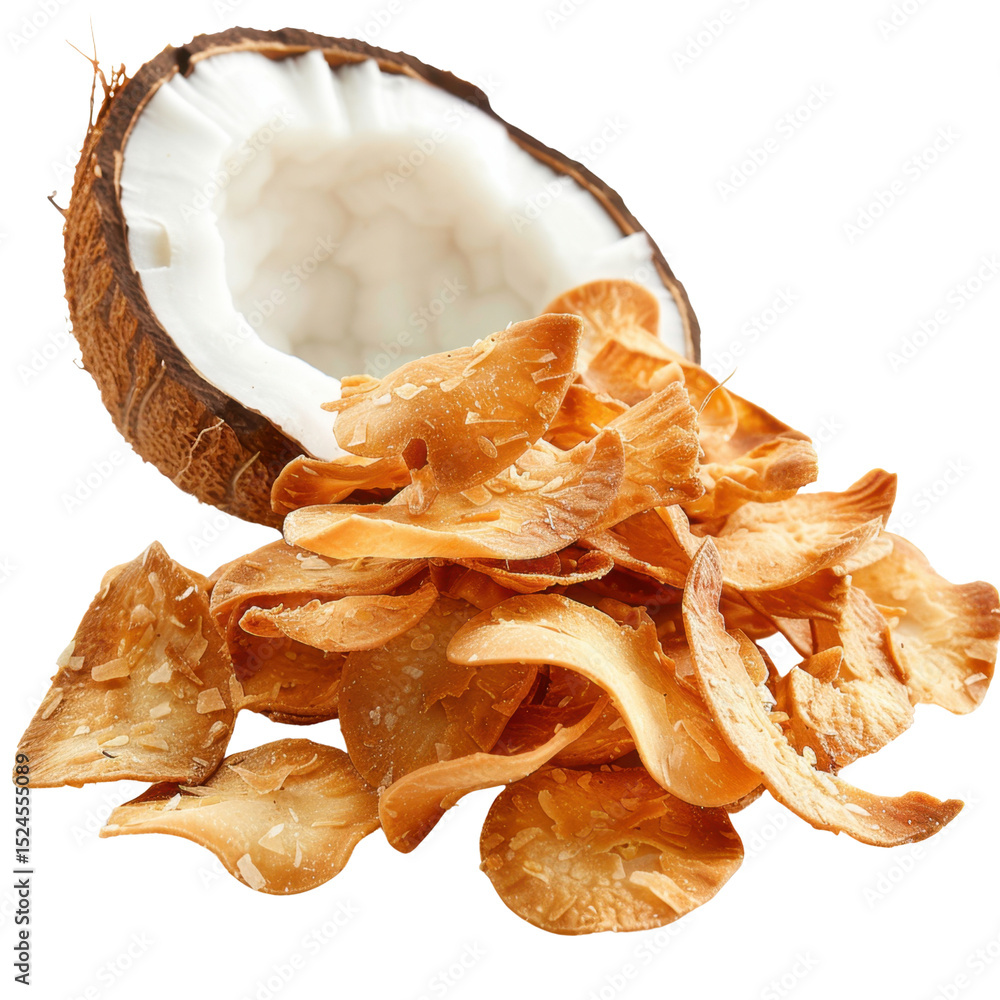 Poster coconut shell with dried coconut flakes scattered around, showcasing natural and healthy snack optio