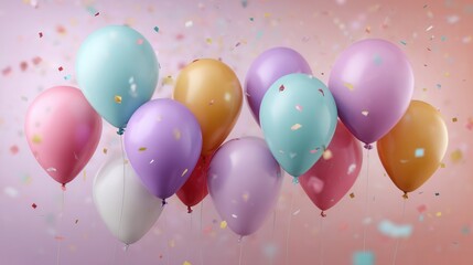 Colorful balloons floating with falling confetti on pink background