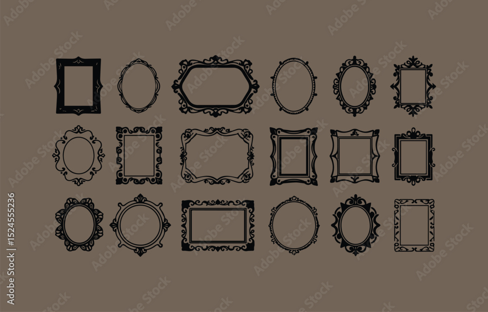 Poster collection of ornate picture frames in various shapes and styles on a neutral brown background for d