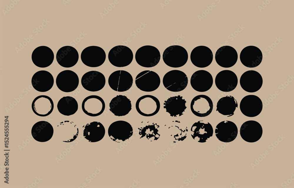 Poster abstract array of black circles showing progressive decay on a neutral background artistic expressio