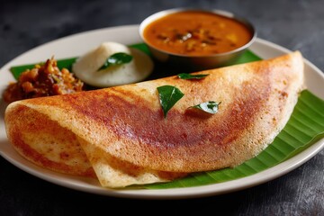 Ghee roasted dosa and idli a South Indian breakfast elegantly presented on a banana leaf lined plate with sambar and chutney on a white backdrop