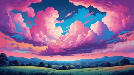 Dreamscape of surreal clouds above pastoral lands with vibrant colors