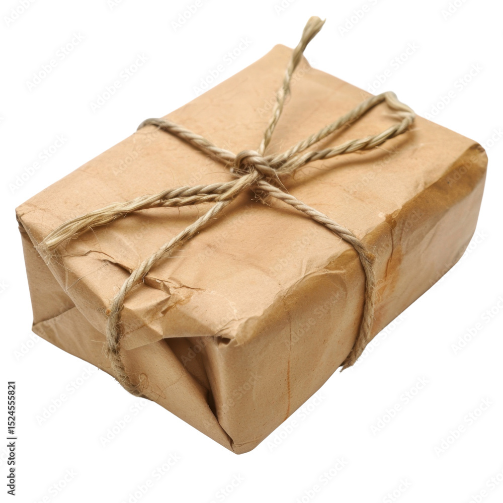 Poster wrapped package tied with twine, showcasing rustic and vintage appearance. brown paper is slightly c