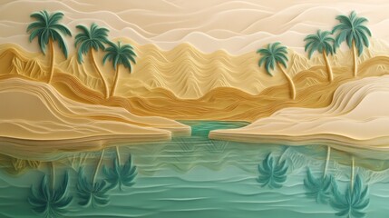 Layered papercraft desert scene with a tranquil oasis.