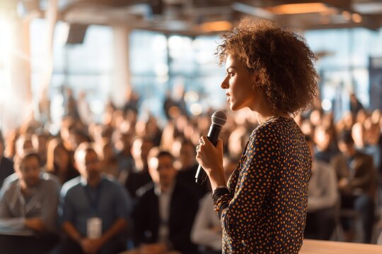 Global Business Summit White Female Tech Executive Engages with Male Host Before Diverse Audience Empowering Speech for Women Leaders - Powered by Adobe