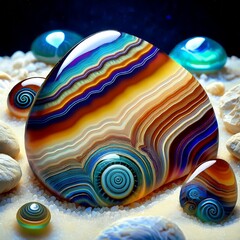 Mehrere Ammolith-Stücke auf weißem Mineralbett 