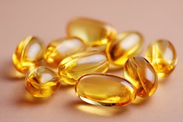 Golden oil supplements in soft gel capsules health product idea