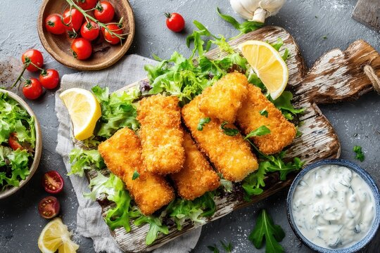 Golden fried fish sticks with tartar and salad on a rustic white wood surface overhead view