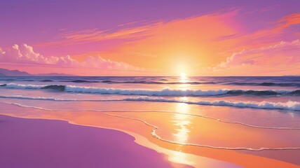 Serenity Unleashed: A Coastal Sunset Dreamscape with Vibrant Hues and Gentle Waves