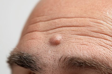Fototapeta premium Close-up view of a flesh-colored skin lesion on a man's forehead.