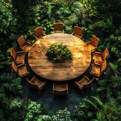 Fototapeta premium Institutions in global governance concept. Wooden round table surrounded by chairs, set in a lush green outdoor environment. high resolution for isolate image