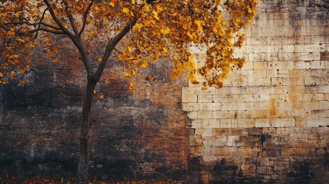 Autumnal Harmony: A Tree's Golden Embrace Against an Ancient Stone Wall