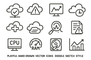 Obraz premium Hand-drawn doodle icons: cloud, graph, cpu, magnifying glass, alert, document