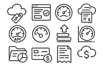 Cloud computing icons featuring speed meters and financial elements