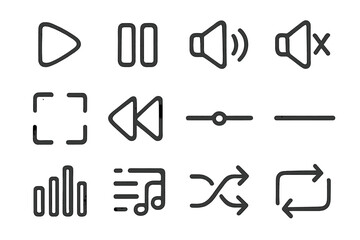 Black media control icons on dark background for audio and video interfaces