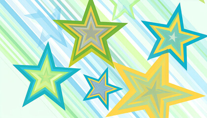 Obraz premium Multicolored stars layered on diagonal pastel stripes. A cheerful, abstract design with varying star sizes and shades of green, yellow, and blue