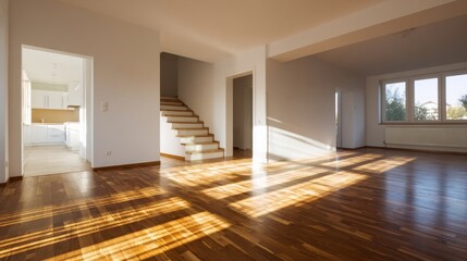 Obraz premium Modern living room with wooden floors and neutral walls, showcasing minimalist design and open space. 