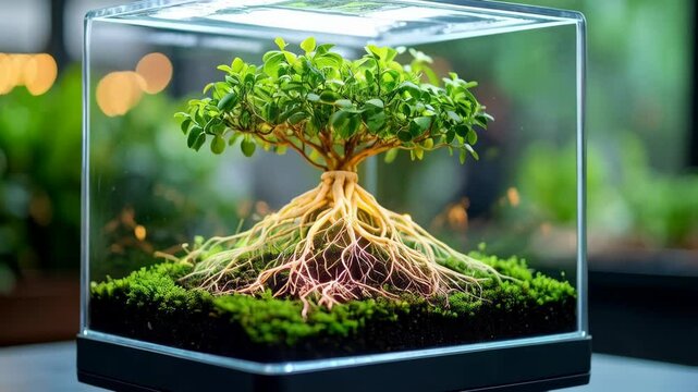 Miniature bonsai tree in a transparent cube with exposed roots on mossy ground, in an illuminated terrarium for a modern design aesthetic.