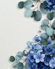 watercolor blue hydrangea and eucalyptus wreath border on ivory paper texture background