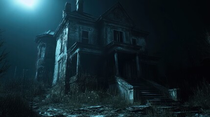 Mysterious haunted house at night with spooky illumination and dark sky