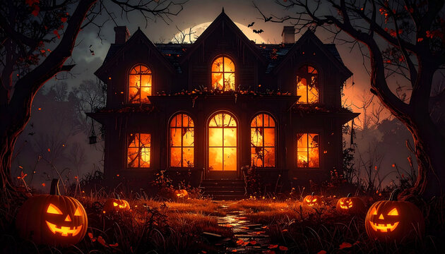 A ghoulish, Victorian-style mansion glows ominously under a full moon, surrounded by spooky, leaf-strewn woods and jack-o'-lanterns