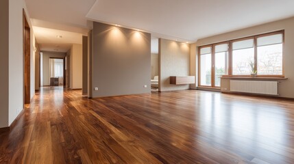 Obraz premium Modern living room with wooden floors and neutral walls, showcasing minimalist design and open space. 