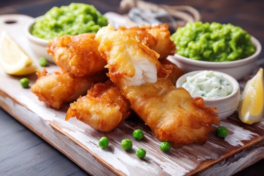 Haddock fillets small fish sticks mashed peas and tartar sauce on a wooden board