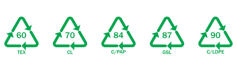 recycling code icon set. Plastics, Batteries, Paper, Metals, Organic Biomatters, Glass and composites vector symbols. Set of recycling codes for plastics, plastic, recycle, symbol