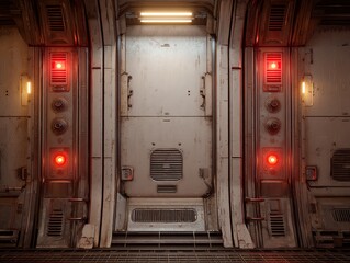 sci-fi spaceship interior wall texture, brushed metal with panel lines and glowing control nodes
