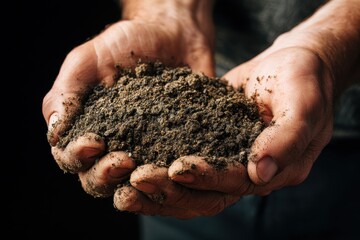 Hands grasping soil for planting with space for text insertion