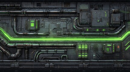 Obraz premium industrial cyberpunk panel with neon green accents and detailed steel plating, dark tech background