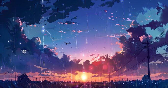 Anime Sunset Cityscape with Rain, Clouds, and Airplane