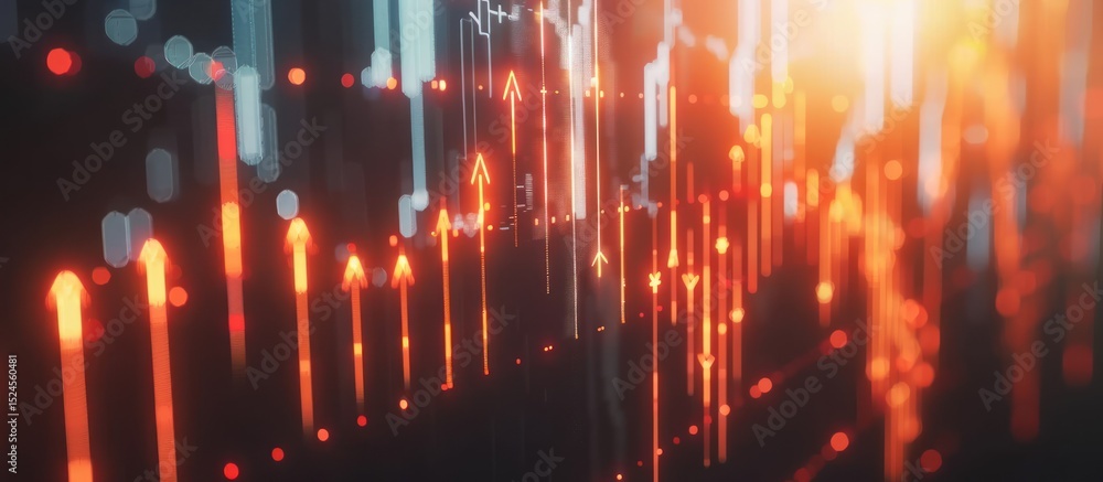 Poster abstract glowing upward arrows, data visualization.