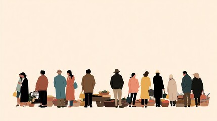 flat vector silhouette of people at a market, simple graphic style, cream background