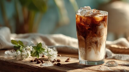 Iced coffee delight with floral accents on a sunlit wooden surface
