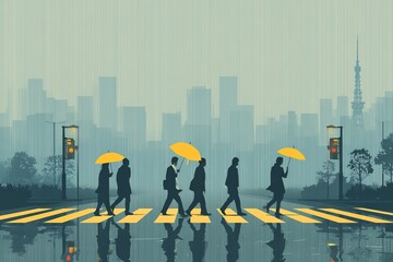 silhouette of people crossing street with umbrellas in rain, flat urban scene, vector minimalist style