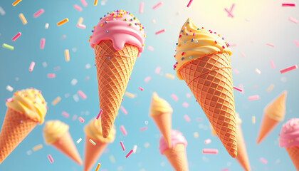 3D render of floating ice cream cones with sprinkles raining down, bright background and energetic composition 2