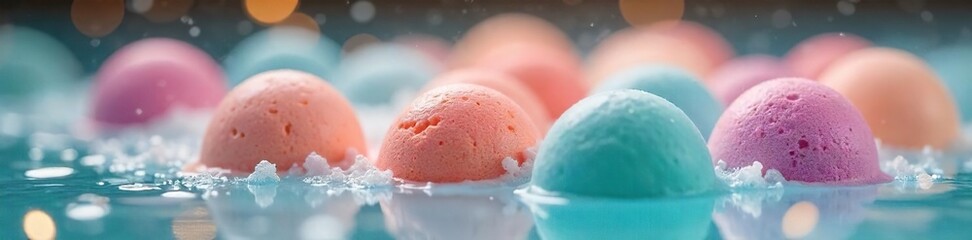 A tranquil scene of bath bombs dissolving in warm water, creating a colorful and relaxing atmosphere Perfect for spa, wellness, and self-care themes , cleanliness, tranquility, chromotherapy