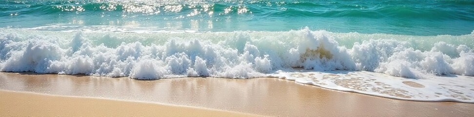 Ocean waves crashing on a sandy beach, creating white foam and sea spray Sunlight glints off the wet sand and the churning water A tranquil yet powerful scene of nature's energy , green, seascape