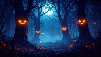 Eerie, moonlit forest path with glowing jack-o'-lanterns carved into tree trunks and scattered on the ground, creating a haunting Halloween atmosphere