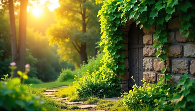 Sun-drenched landscape, vibrant green vines climbing a rustic stone wall, bathed in warm golden light A picturesque scene of nature's beauty , flora, landscape, countryside - Powered by Adobe