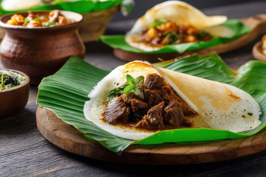 Kuttanad Alappuzha appam served with mutton and beef roast in green banana leaf Appam a rice flour dish is a beloved traditional breakfast in Kerala South India