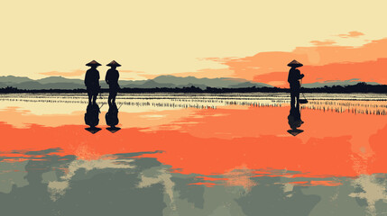 Classic poster-art of rural farmers planting rice seedlings in flooded fields under steady rain, traditional conical hats and water reflections in bold flat colors