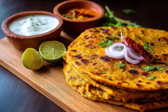 Lentil based Indian flatbread accompanied by garlic chili dip and yogurt A protein rich variant