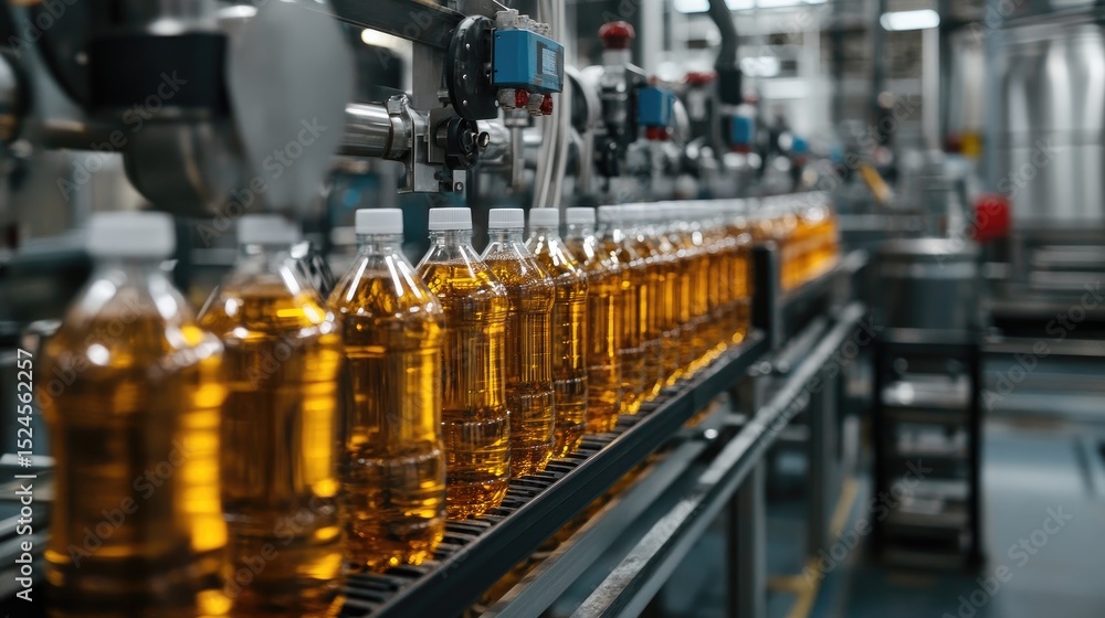 Poster bottling line in beverage production facility with synchronized machinery filling and capping bottle