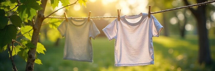 A single, freshly laundered shirt hangs gently swaying on a rustic clothesline, sunlight illuminating its crisp folds Perfect for themes of simplicity, laundry, nature, and home , textile, laundry