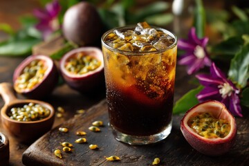 Fototapeta premium Passion fruit coffee iced black coffee with fruit Fusion beverage menu