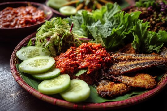 Pecel lele also known as pecak lele or penyetan features fried catfish tempeh tomato sambal and is accompanied by fresh vegetables like cucumbers and cabbage
